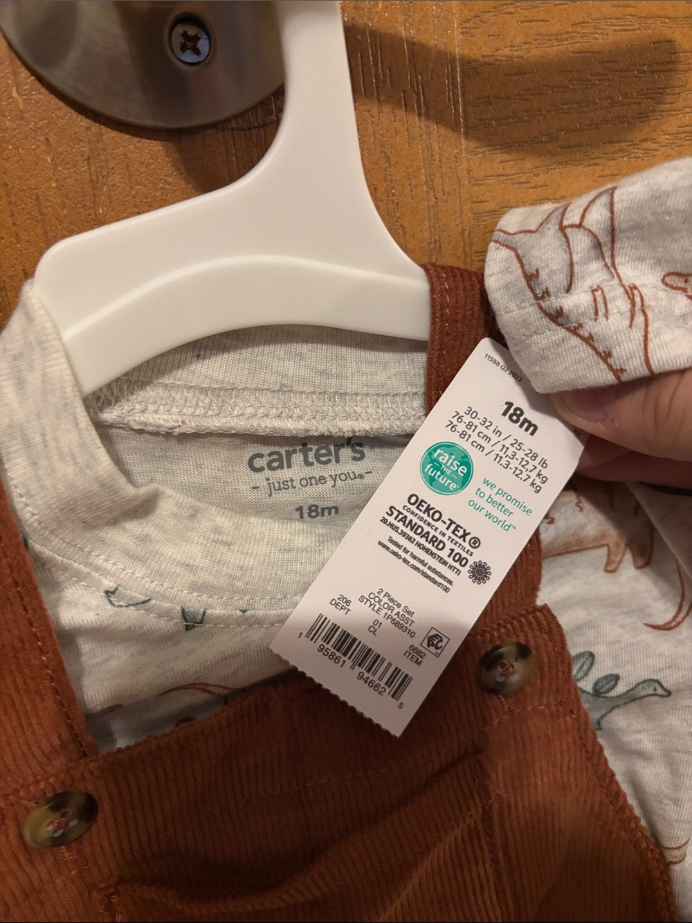 Carter's Rust Brown Corduroy Overalls with Long-Sleeve Dino Tee - Picture 2 of 4